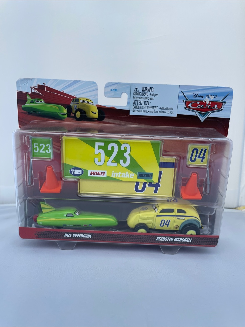 Disney Cars Yellow Gearsten Marshall & Green Nile Speedone Race Pack